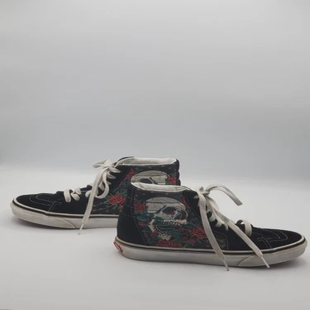 Vans Shoes Mens Size 5.5 Womens 7 Sk8-Hi Rose Skulls Black Canvas Suede Skate